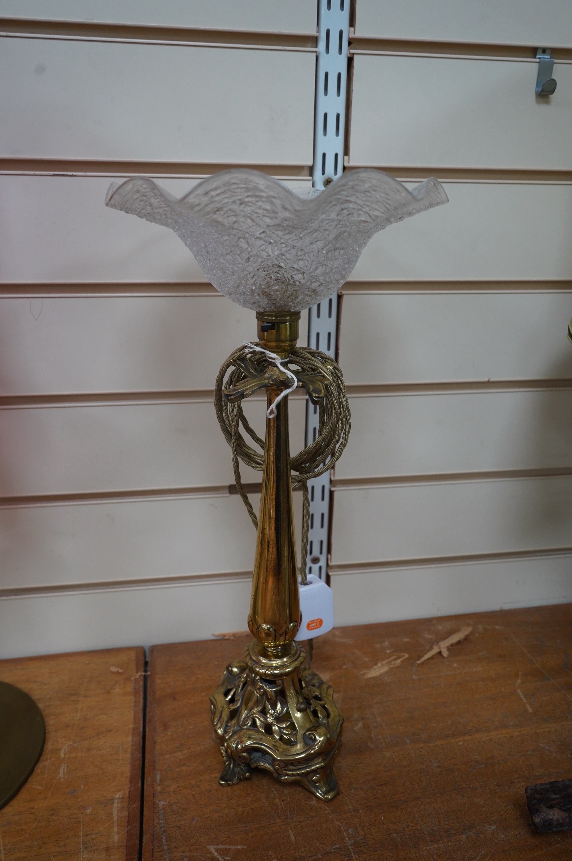 An English brass table lamp with fluted glass shade, circa 1930's, wired, 46cm high. Condition - fair to good, not tested